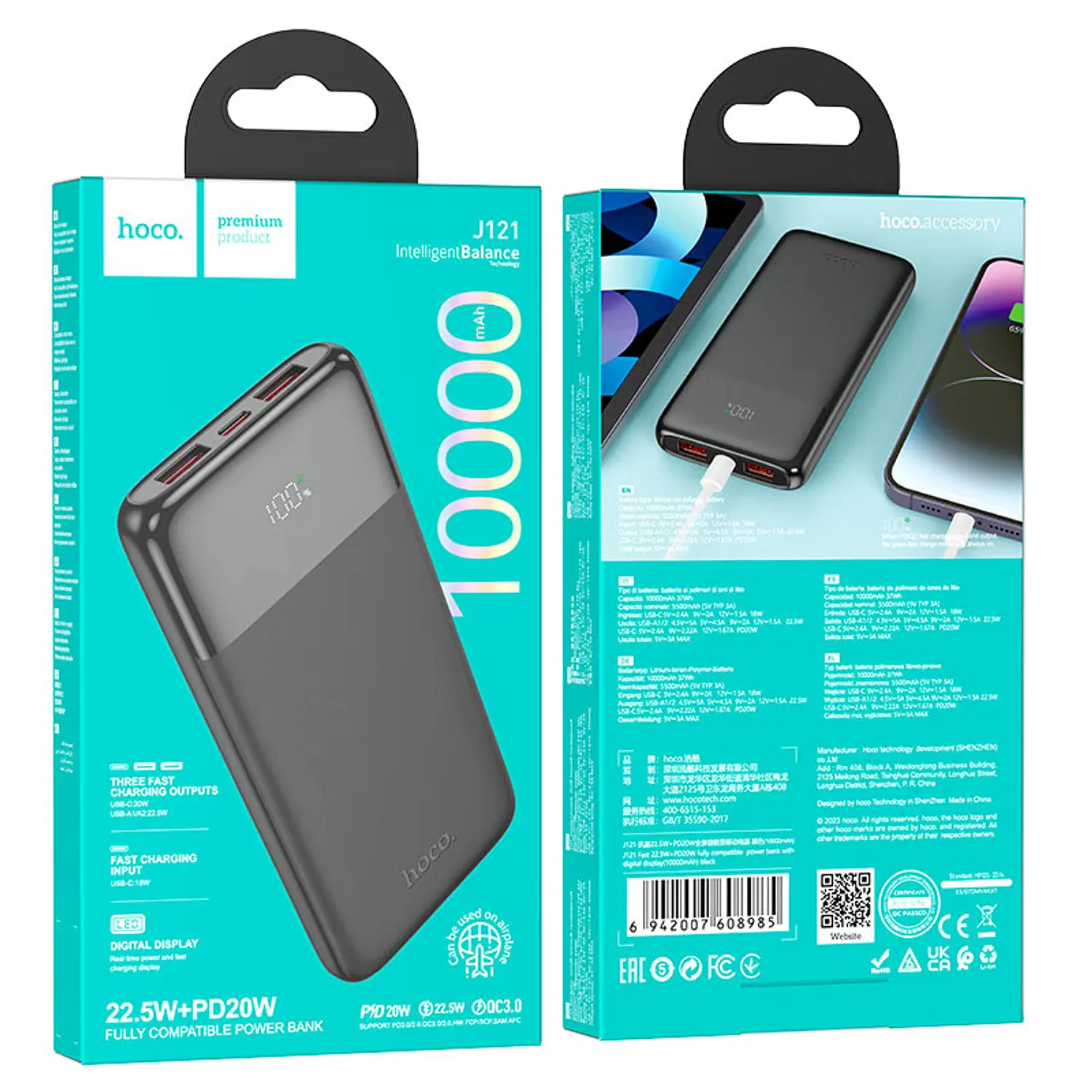 Powerbank Hoco J121 10,000mAh Fast 22.5W+PD20W con LED Negro #08985 - Imagen 3