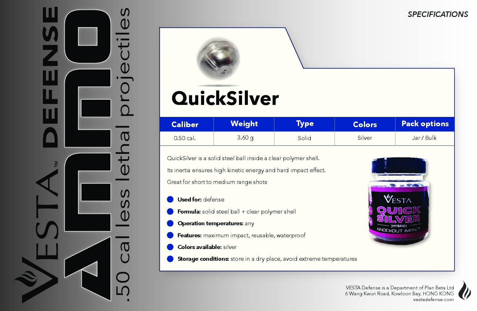 BALIN VESTA QUICKSILVER CALIBRE .50 TARRO 50 unid. (SOLO PARA VESTA) - Imagen 2